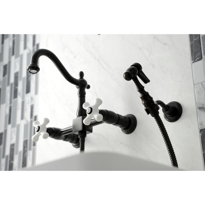 Kingston Heirloom KS1265PXBS - Heritage Two-Handle 3-Hole Wall Mount Bridge Kitchen Faucet with Brass Sprayer, Oil Rubbed Bronze