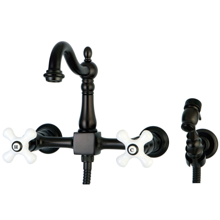 Kingston Heirloom KS1265PXBS - Heritage Two-Handle 3-Hole Wall Mount Bridge Kitchen Faucet with Brass Sprayer, Oil Rubbed Bronze
