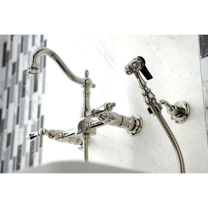 Kingston Heirloom KS1266ALBS - Heritage Two-Handle 3-Hole Wall Mount Bridge Kitchen Faucet with Brass Sprayer, Polished Nickel