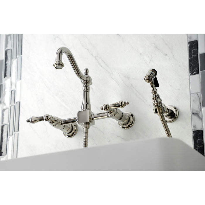 Kingston Heirloom KS1266ALBS - Heritage Two-Handle 3-Hole Wall Mount Bridge Kitchen Faucet with Brass Sprayer, Polished Nickel
