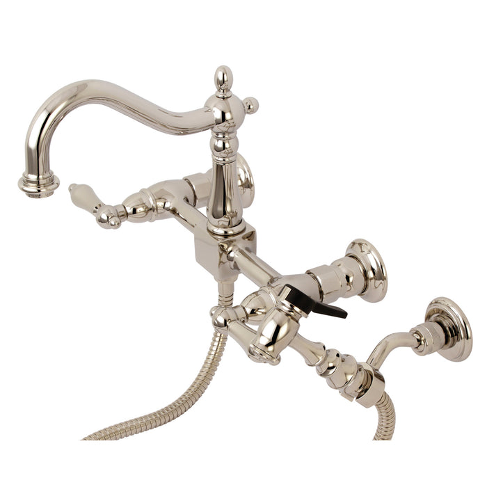 Kingston Heirloom KS1266ALBS - Heritage Two-Handle 3-Hole Wall Mount Bridge Kitchen Faucet with Brass Sprayer, Polished Nickel