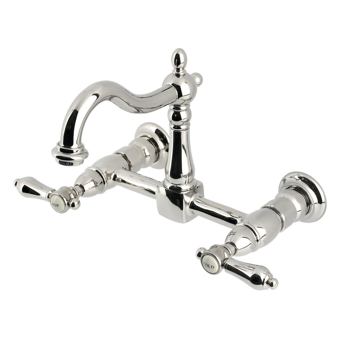 Kingston Heirloom KS1266BAL - Heirloom Two-Handle 2-Hole Wall Mount Bridge Kitchen Faucet, Polished Nickel