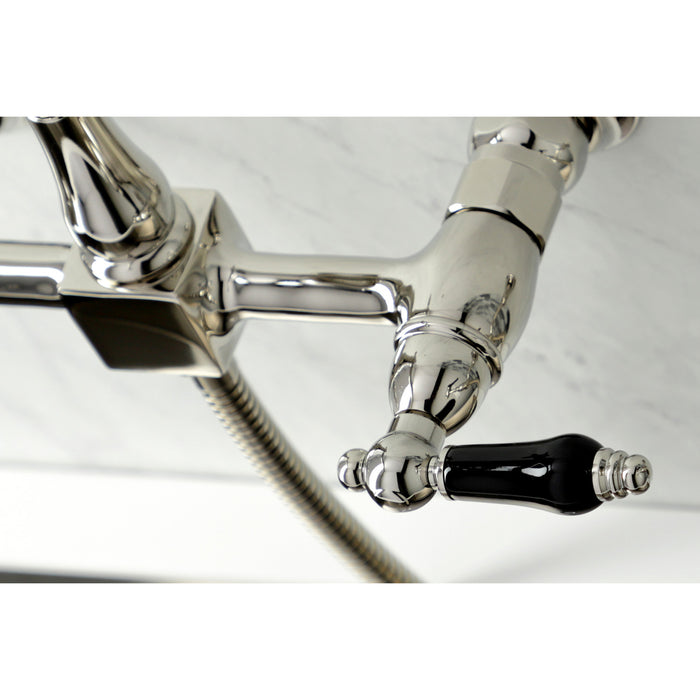 Kingston Heirloom KS1266PKLBS - Duchess Two-Handle 3-Hole Wall Mount Bridge Kitchen Faucet with Brass Sprayer, Polished Nickel