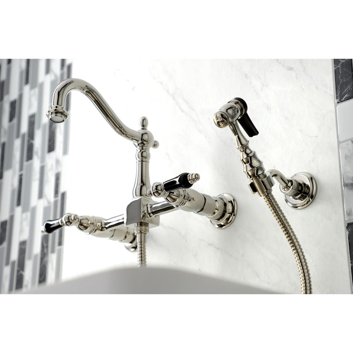 Kingston Heirloom KS1266PKLBS - Duchess Two-Handle 3-Hole Wall Mount Bridge Kitchen Faucet with Brass Sprayer, Polished Nickel