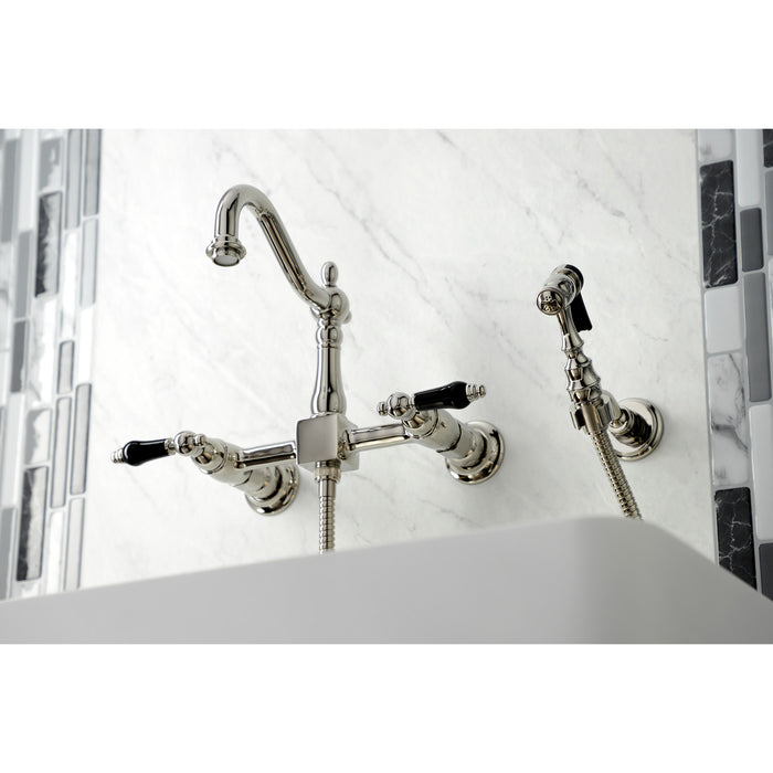 Kingston Heirloom KS1266PKLBS - Duchess Two-Handle 3-Hole Wall Mount Bridge Kitchen Faucet with Brass Sprayer, Polished Nickel
