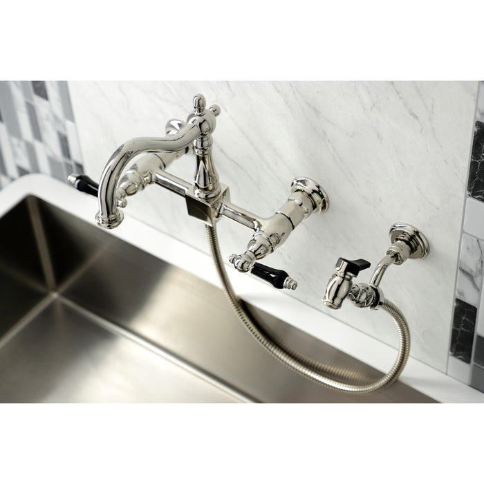 Kingston Heirloom KS1266PKLBS - Duchess Two-Handle 3-Hole Wall Mount Bridge Kitchen Faucet with Brass Sprayer, Polished Nickel