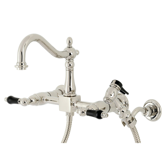 Kingston Heirloom KS1266PKLBS - Duchess Two-Handle 3-Hole Wall Mount Bridge Kitchen Faucet with Brass Sprayer, Polished Nickel