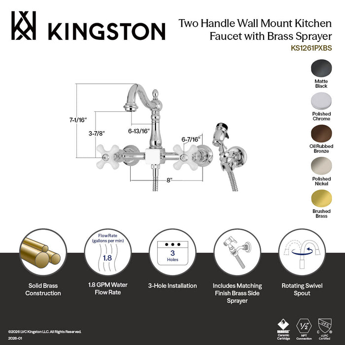 Kingston Heirloom KS1266PXBS - Heritage Two-Handle 3-Hole Wall Mount Bridge Kitchen Faucet with Brass Sprayer, Polished Nickel