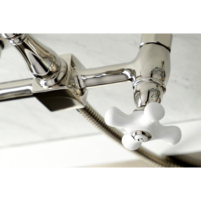 Kingston Heirloom KS1266PXBS - Heritage Two-Handle 3-Hole Wall Mount Bridge Kitchen Faucet with Brass Sprayer, Polished Nickel