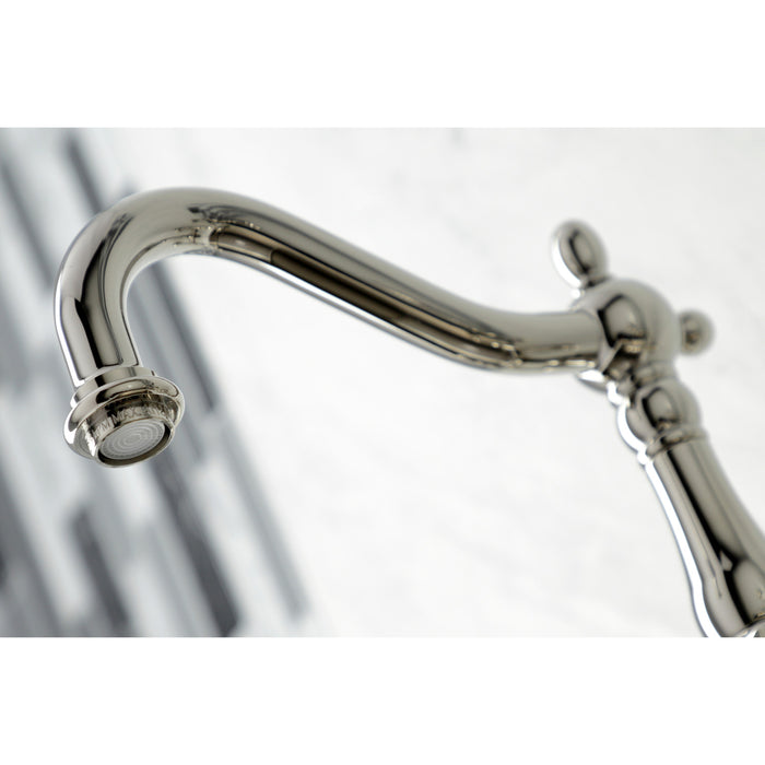 Kingston Heirloom KS1266PXBS - Heritage Two-Handle 3-Hole Wall Mount Bridge Kitchen Faucet with Brass Sprayer, Polished Nickel