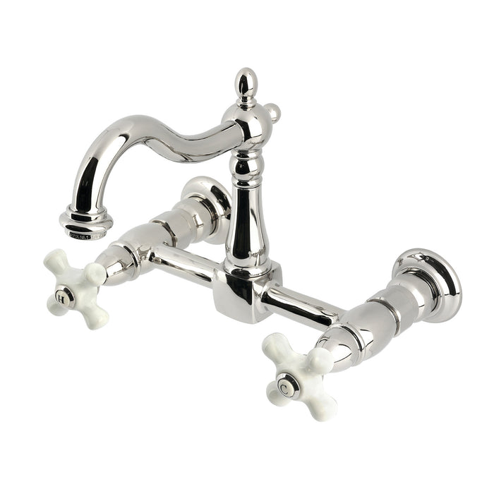 Kingston Heirloom KS1266PX - Heritage Two-Handle 2-Hole Wall Mount Bridge Kitchen Faucet, Polished Nickel