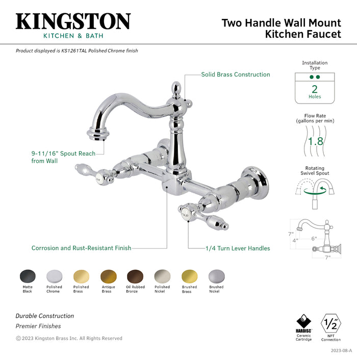 Kingston Heirloom KS1266TAL - Tudor Two-Handle 2-Hole Wall Mount Bridge Kitchen Faucet, Polished Nickel