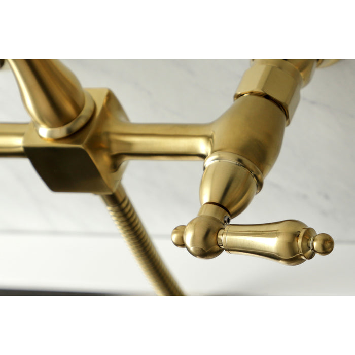 Kingston Heirloom KS1267ALBS - Heritage Two-Handle 3-Hole Wall Mount Bridge Kitchen Faucet with Brass Sprayer, Brushed Brass