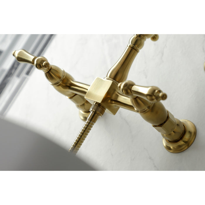 Kingston Heirloom KS1267ALBS - Heritage Two-Handle 3-Hole Wall Mount Bridge Kitchen Faucet with Brass Sprayer, Brushed Brass