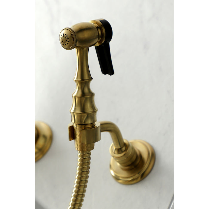 Kingston Heirloom KS1267ALBS - Heritage Two-Handle 3-Hole Wall Mount Bridge Kitchen Faucet with Brass Sprayer, Brushed Brass