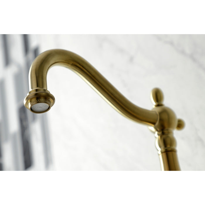 Kingston Heirloom KS1267ALBS - Heritage Two-Handle 3-Hole Wall Mount Bridge Kitchen Faucet with Brass Sprayer, Brushed Brass