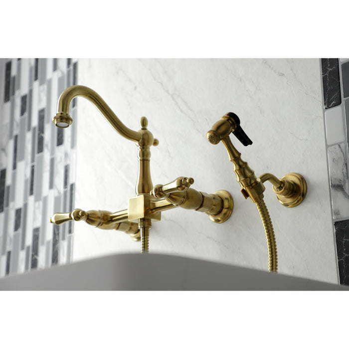 Kingston Heirloom KS1267ALBS - Heritage Two-Handle 3-Hole Wall Mount Bridge Kitchen Faucet with Brass Sprayer, Brushed Brass