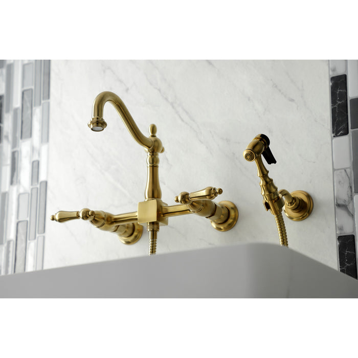 Kingston Heirloom KS1267ALBS - Heritage Two-Handle 3-Hole Wall Mount Bridge Kitchen Faucet with Brass Sprayer, Brushed Brass