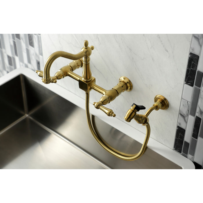 Kingston Heirloom KS1267ALBS - Heritage Two-Handle 3-Hole Wall Mount Bridge Kitchen Faucet with Brass Sprayer, Brushed Brass