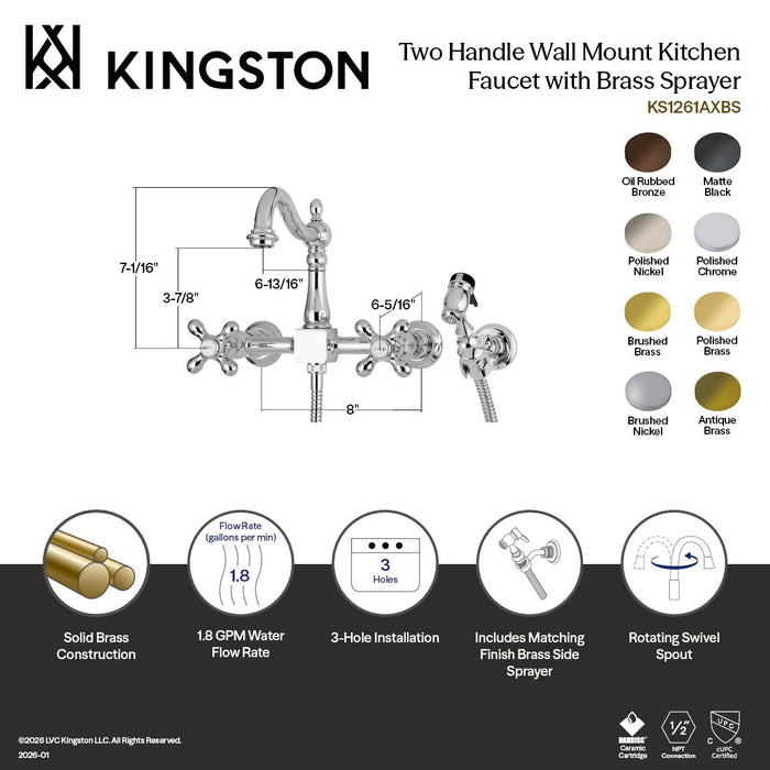 Kingston Heirloom KS1267AXBS - Heritage Two-Handle 3-Hole Wall Mount Bridge Kitchen Faucet with Brass Sprayer, Brushed Brass