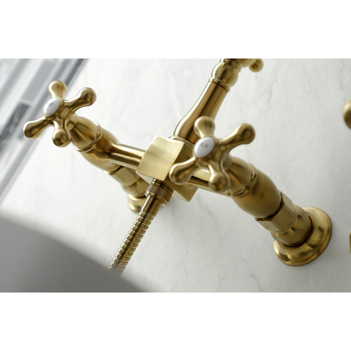 Kingston Heirloom KS1267AXBS - Heritage Two-Handle 3-Hole Wall Mount Bridge Kitchen Faucet with Brass Sprayer, Brushed Brass