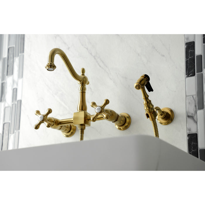 Kingston Heirloom KS1267AXBS - Heritage Two-Handle 3-Hole Wall Mount Bridge Kitchen Faucet with Brass Sprayer, Brushed Brass