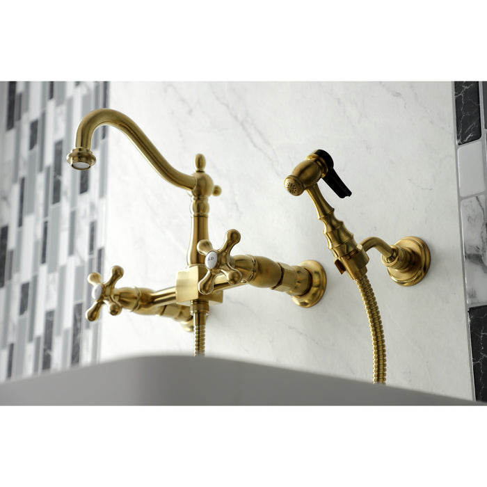 Kingston Heirloom KS1267AXBS - Heritage Two-Handle 3-Hole Wall Mount Bridge Kitchen Faucet with Brass Sprayer, Brushed Brass