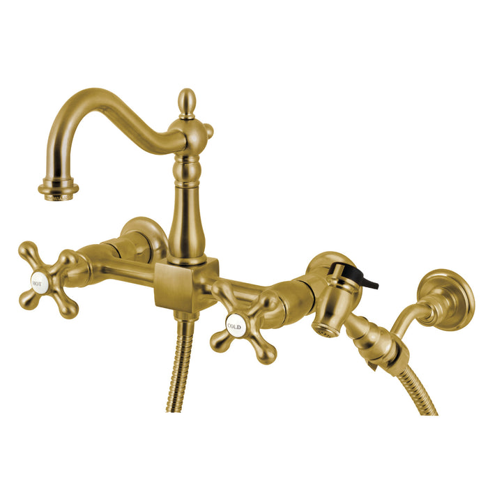 Kingston Heirloom KS1267AXBS - Heritage Two-Handle 3-Hole Wall Mount Bridge Kitchen Faucet with Brass Sprayer, Brushed Brass