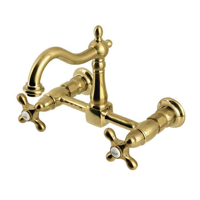 Kingston Heirloom KS1267AX - Heritage Two-Handle 2-Hole Wall Mount Bridge Kitchen Faucet, Brushed Brass