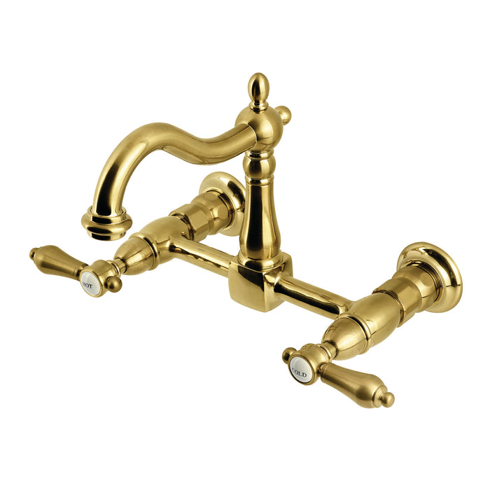 Kingston Heirloom KS1267BAL - Heirloom Two-Handle 2-Hole Wall Mount Bridge Kitchen Faucet, Brushed Brass