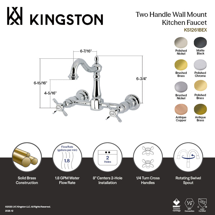 Kingston Heirloom KS1267BEX - Essex Two-Handle 2-Hole Wall Mount Bridge Kitchen Faucet, Brushed Brass