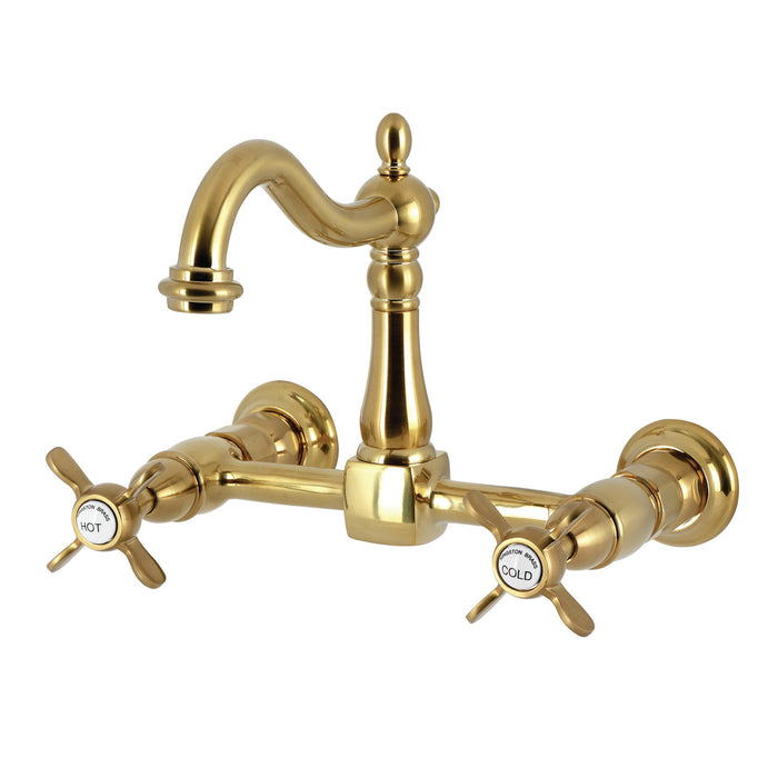 Kingston Heirloom KS1267BEX - Essex Two-Handle 2-Hole Wall Mount Bridge Kitchen Faucet, Brushed Brass