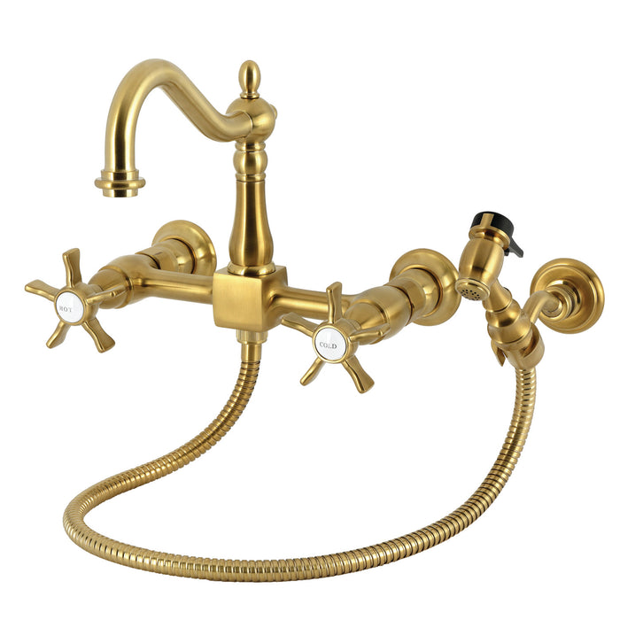 Kingston Heirloom KS1267NXBS - Hamilton Two-Handle 3-Hole Wall Mount Bridge Kitchen Faucet with Brass Sprayer, Brushed Brass