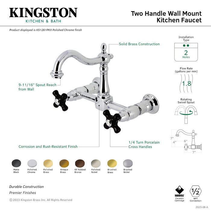 Kingston Heirloom KS1267PKX - Duchess Two-Handle 2-Hole Wall Mount Bridge Kitchen Faucet, Brushed Brass