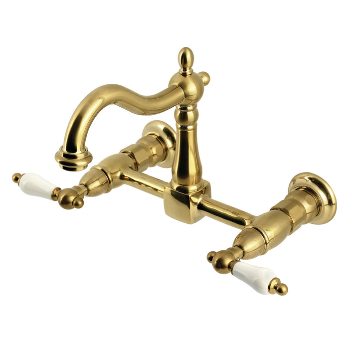 Kingston Heirloom KS1267PL - Heritage Two-Handle 2-Hole Wall Mount Bridge Kitchen Faucet, Brushed Brass