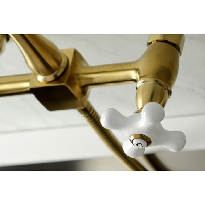 Kingston Heirloom KS1267PXBS - Heritage Two-Handle 3-Hole Wall Mount Bridge Kitchen Faucet with Brass Sprayer, Brushed Brass