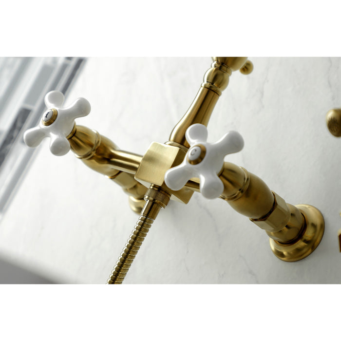 Kingston Heirloom KS1267PXBS - Heritage Two-Handle 3-Hole Wall Mount Bridge Kitchen Faucet with Brass Sprayer, Brushed Brass