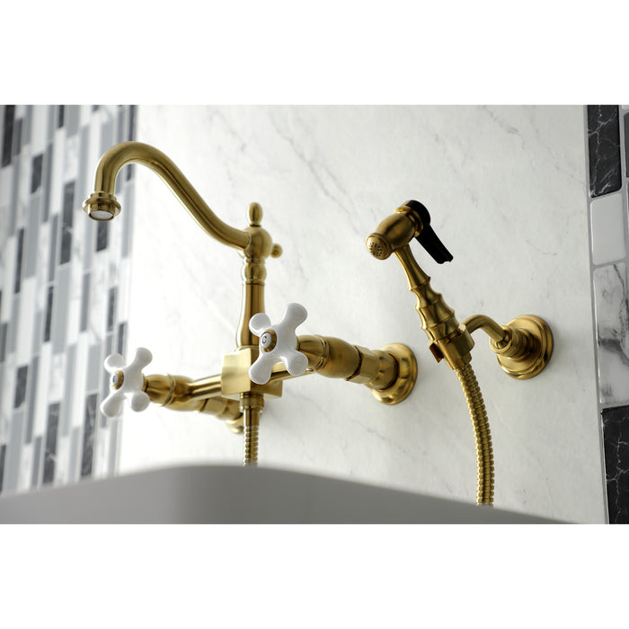 Kingston Heirloom KS1267PXBS - Heritage Two-Handle 3-Hole Wall Mount Bridge Kitchen Faucet with Brass Sprayer, Brushed Brass