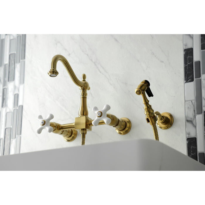Kingston Heirloom KS1267PXBS - Heritage Two-Handle 3-Hole Wall Mount Bridge Kitchen Faucet with Brass Sprayer, Brushed Brass
