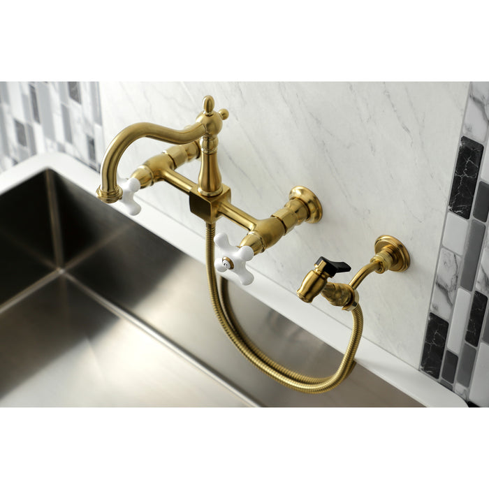 Kingston Heirloom KS1267PXBS - Heritage Two-Handle 3-Hole Wall Mount Bridge Kitchen Faucet with Brass Sprayer, Brushed Brass