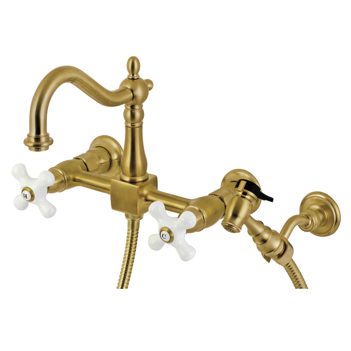 Kingston Heirloom KS1267PXBS - Heritage Two-Handle 3-Hole Wall Mount Bridge Kitchen Faucet with Brass Sprayer, Brushed Brass
