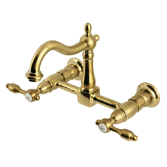 Kingston Heirloom KS1267TAL - Tudor Two-Handle 2-Hole Wall Mount Bridge Kitchen Faucet, Brushed Brass