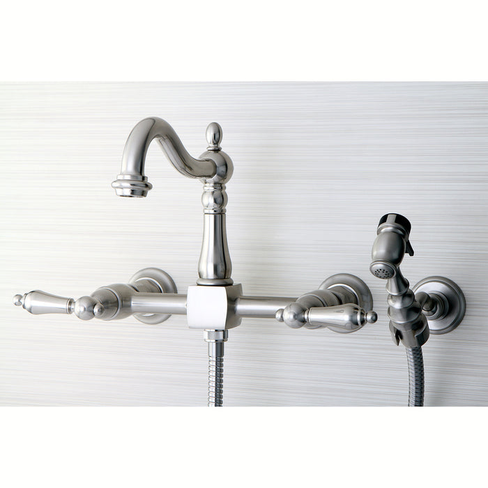 Heritage KS1268ALBS Double-Handle 3-Hole Wall-Mount Bridge Kitchen Faucet with Brass Sprayer, Brushed Nickel