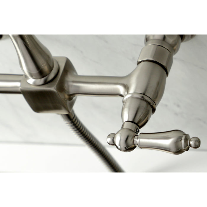Heritage KS1268ALBS Double-Handle 3-Hole Wall-Mount Bridge Kitchen Faucet with Brass Sprayer, Brushed Nickel
