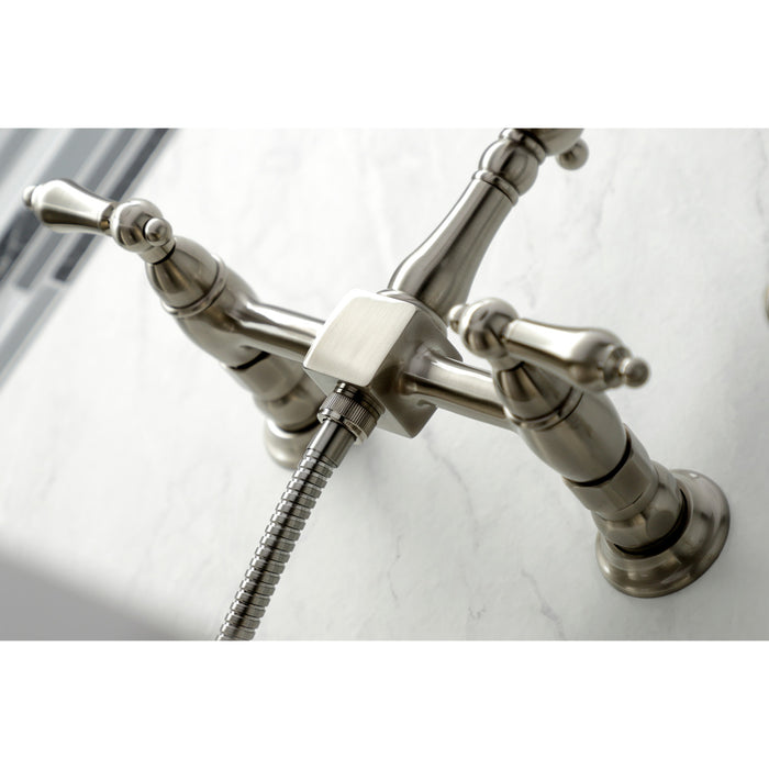 Heritage KS1268ALBS Double-Handle 3-Hole Wall-Mount Bridge Kitchen Faucet with Brass Sprayer, Brushed Nickel