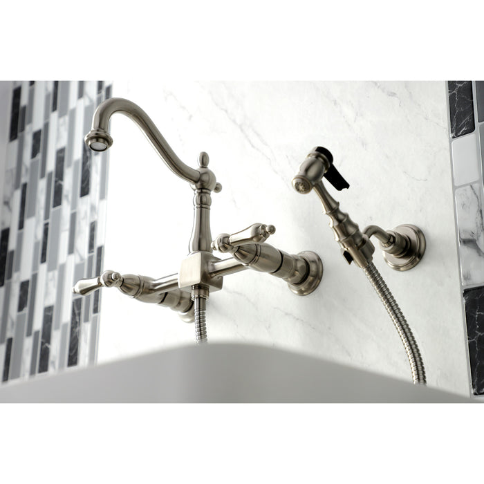 Heritage KS1268ALBS Double-Handle 3-Hole Wall-Mount Bridge Kitchen Faucet with Brass Sprayer, Brushed Nickel