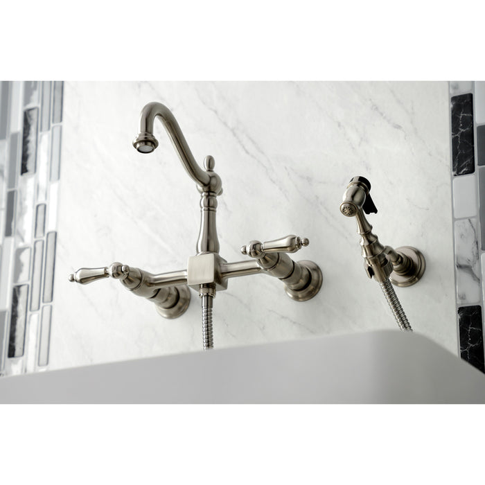 Heritage KS1268ALBS Double-Handle 3-Hole Wall-Mount Bridge Kitchen Faucet with Brass Sprayer, Brushed Nickel