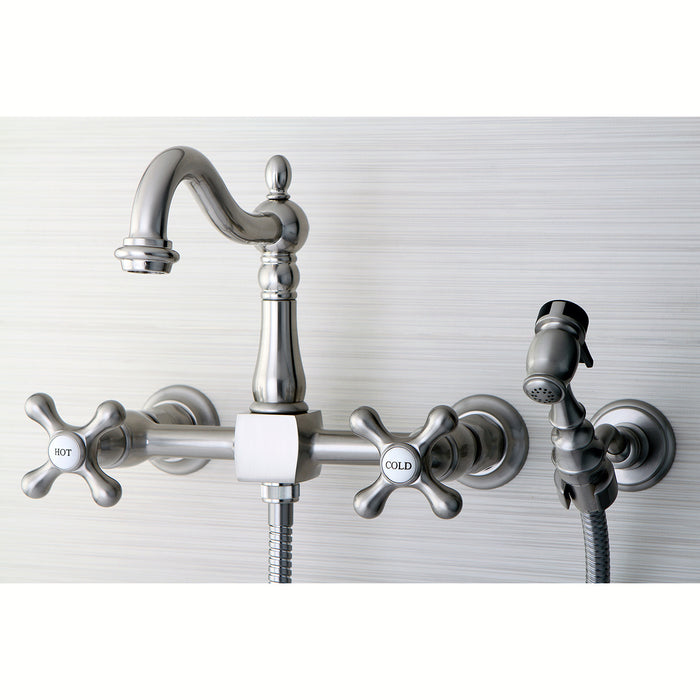 Kingston Heirloom KS1268AXBS - Heritage Two-Handle 3-Hole Wall Mount Bridge Kitchen Faucet with Brass Sprayer, Brushed Nickel