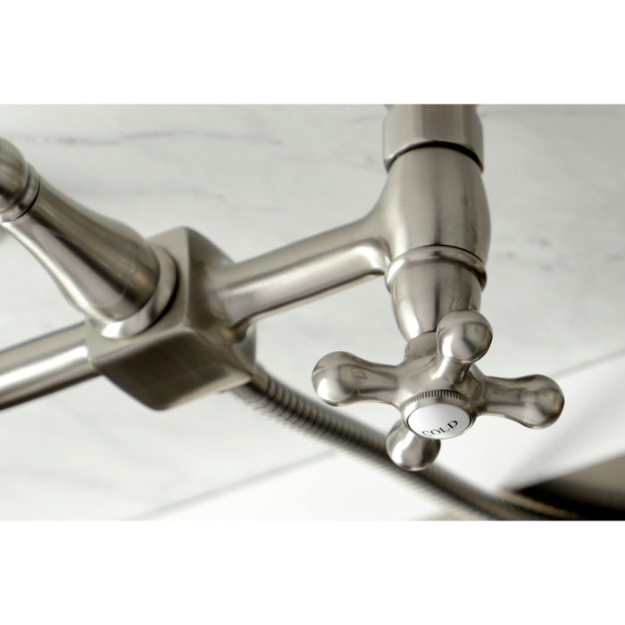Kingston Heirloom KS1268AXBS - Heritage Two-Handle 3-Hole Wall Mount Bridge Kitchen Faucet with Brass Sprayer, Brushed Nickel