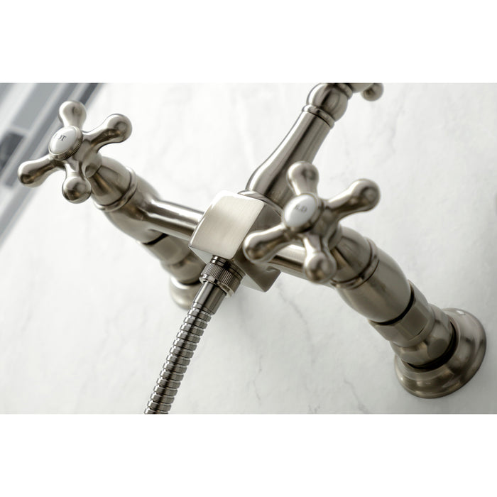 Kingston Heirloom KS1268AXBS - Heritage Two-Handle 3-Hole Wall Mount Bridge Kitchen Faucet with Brass Sprayer, Brushed Nickel
